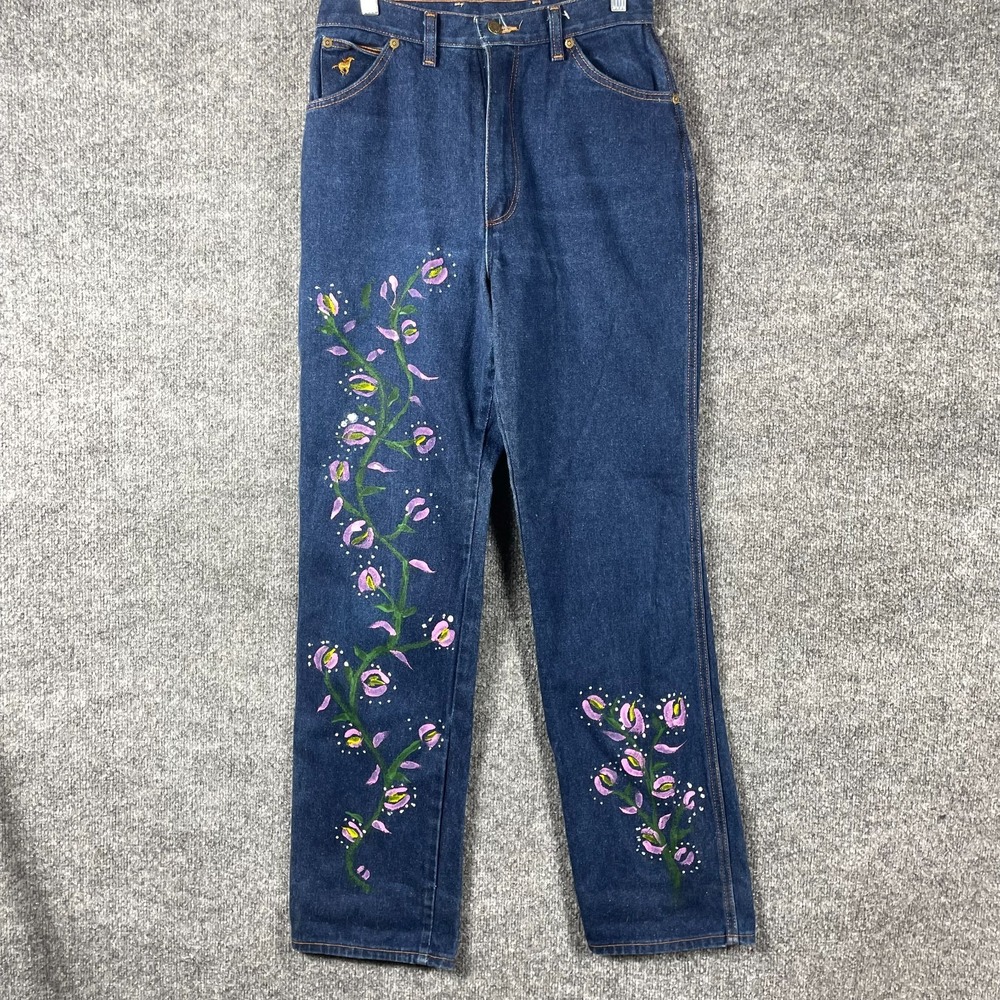 VTG Wrangler Jeans Womens 12 Blue Denim Dark Wash Floral Hand Painted‎ 80s Retro